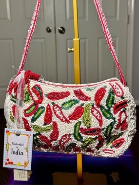 NWT Viral Beaded Shoulder Bag Handcrafted in India Red Hot Chili Pepper Purse